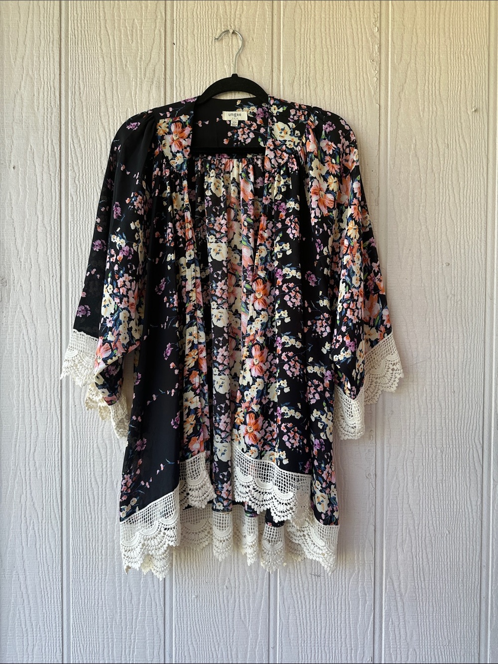 Umgee Floral Lace-Trim Open Kimono